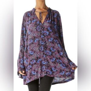 💜Women’s Free People Purple Floral Tunic Top with Bell Sleeves Size S